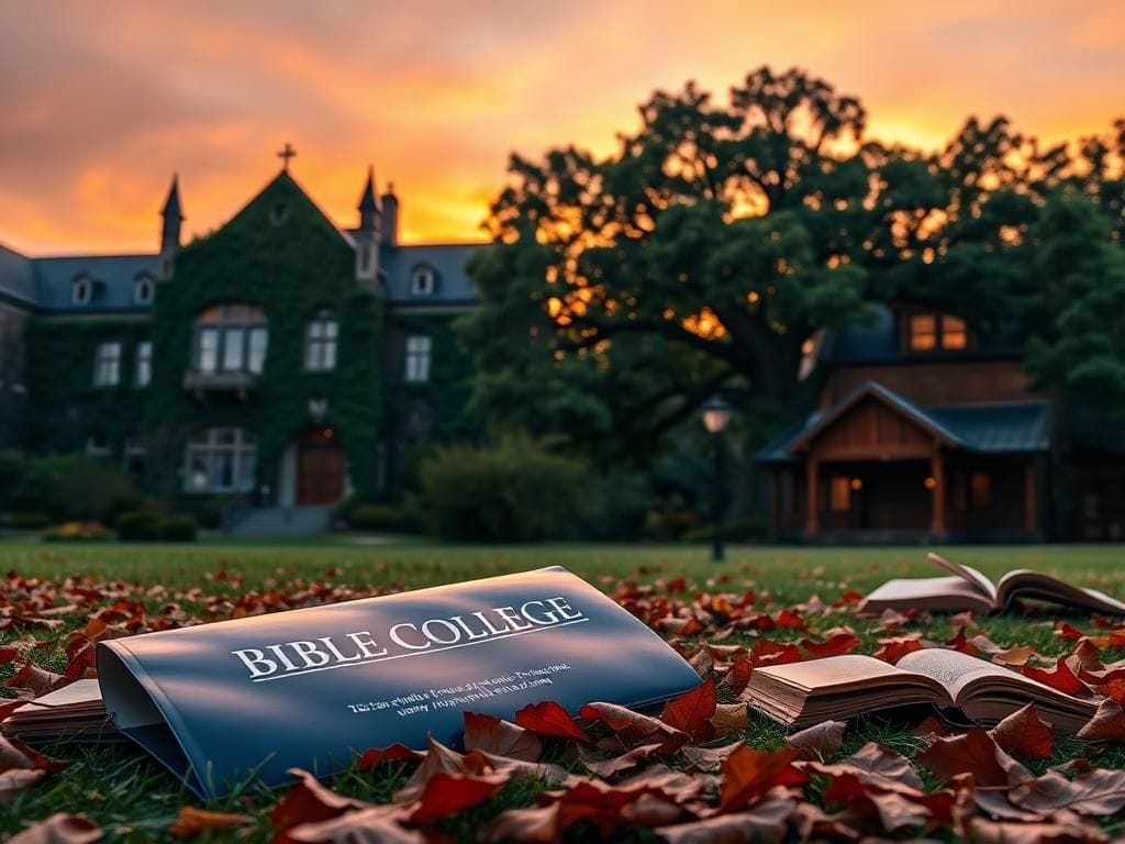 Flick International Serene college campus at sunset contrasting an ivy-covered elite university with a quaint Bible college.