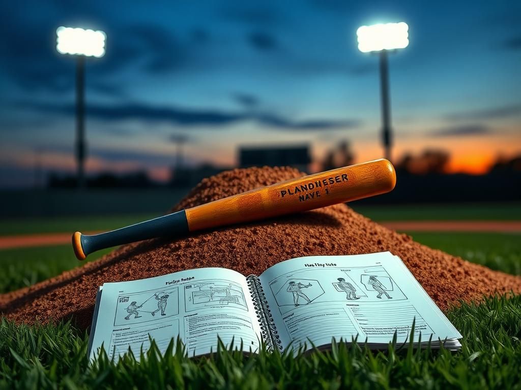 Flick International A polished baseball bat rests on the mound under stadium lights with a playbook in the background