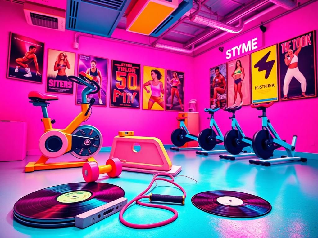 Flick International Vibrant retro 1980s-themed gym scene with colorful exercise equipment