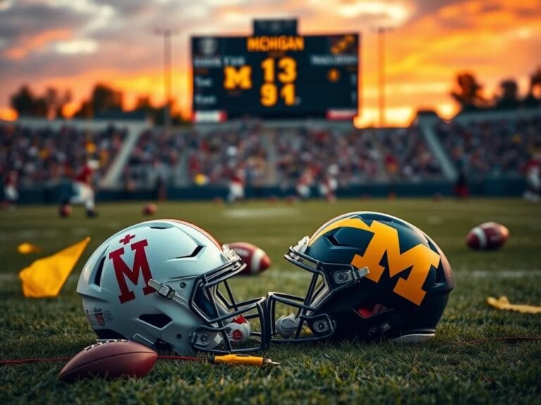 Flick International New Mexico Lobos and Michigan Wolverines helmets lying on the grass after a football confrontation