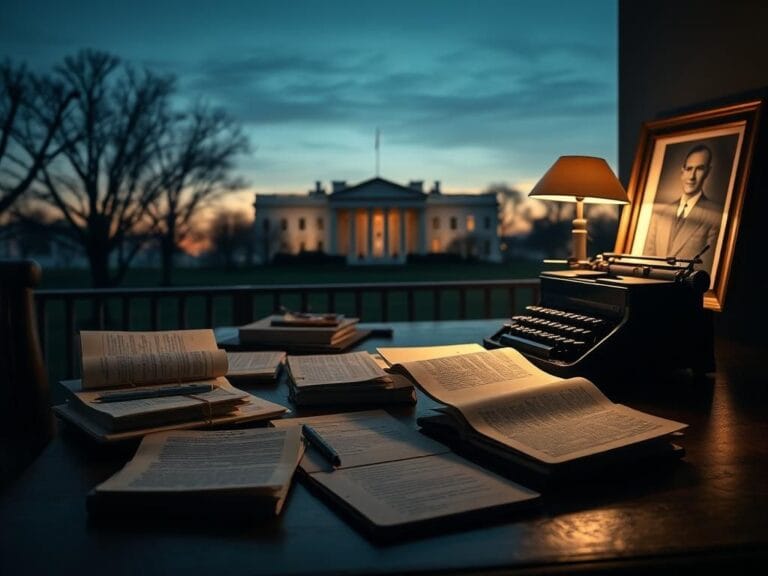 Flick International A solemn old wooden desk with historical documents and a vintage typewriter symbolizing journalistic dedication