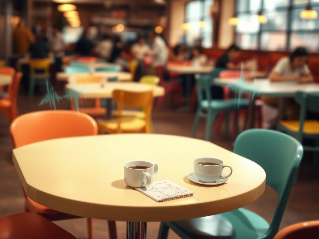 Flick International A serene indoor café scene with colorful tables and chairs, featuring a bright table with an untouched coffee cup and notepad, symbolizing selective hearing.