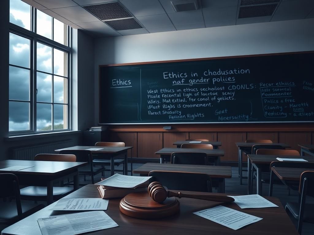 Flick International Dimly lit university classroom showcasing empty desks and chairs with a chalkboard and textbooks on ethics in education