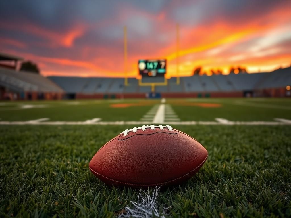 Flick International Close-up of a football field at dusk, with a scuffed football on the grass and goalposts in the background