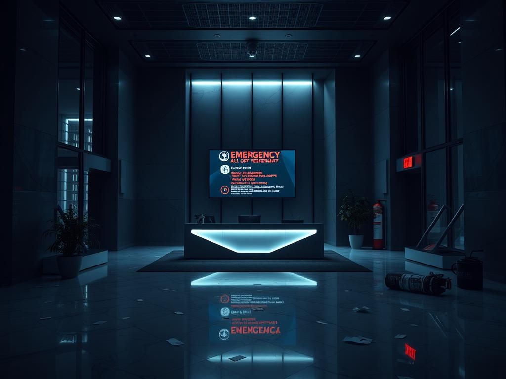 Flick International Empty reception desk in the lobby of a modern high-rise office building with emergency alerts displayed