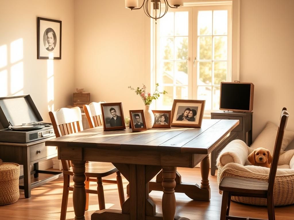 Flick International A rustic wooden dining table adorned with family photos and a potted plant in a sunlit room