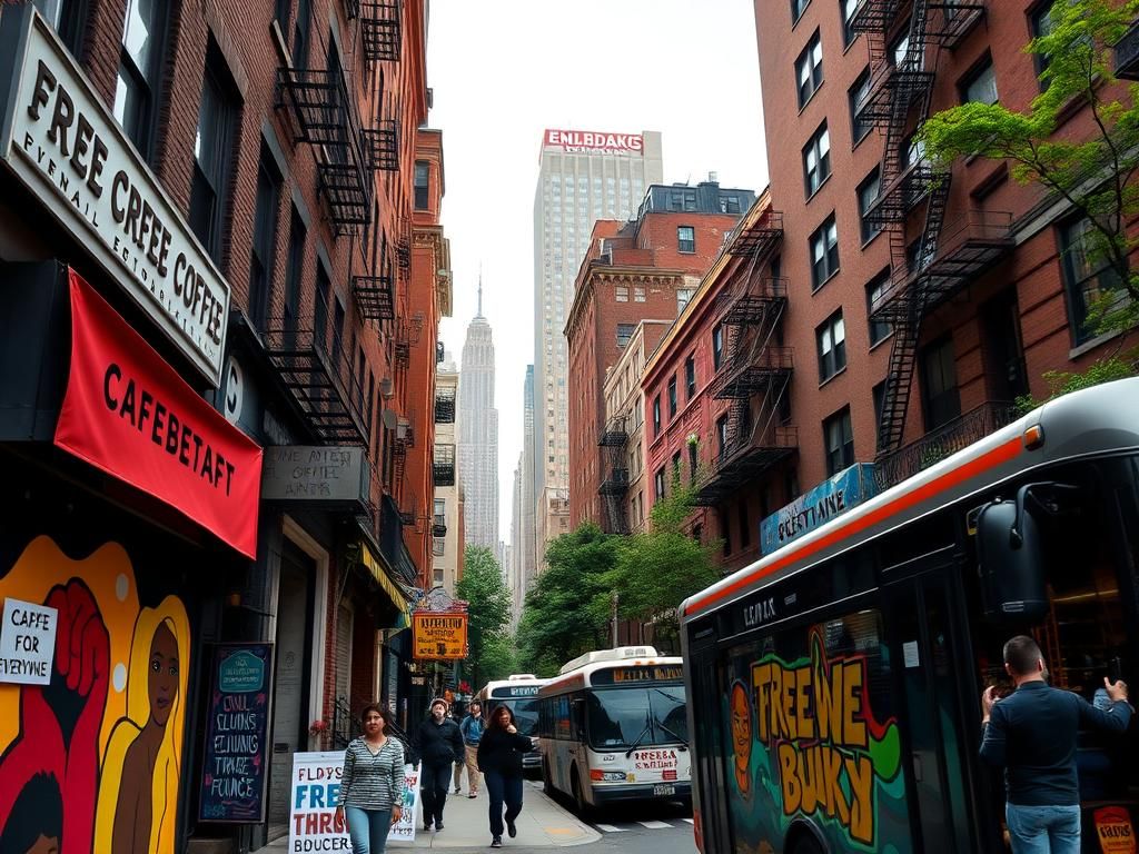 Flick International A bustling urban street scene in New York City showcasing diverse storefronts and vibrant murals representing community solidarity.