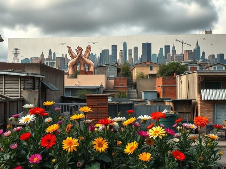 Flick International Vibrant urban landscape in Los Angeles showcasing flowers, tools, and a mural celebrating immigrant contributions