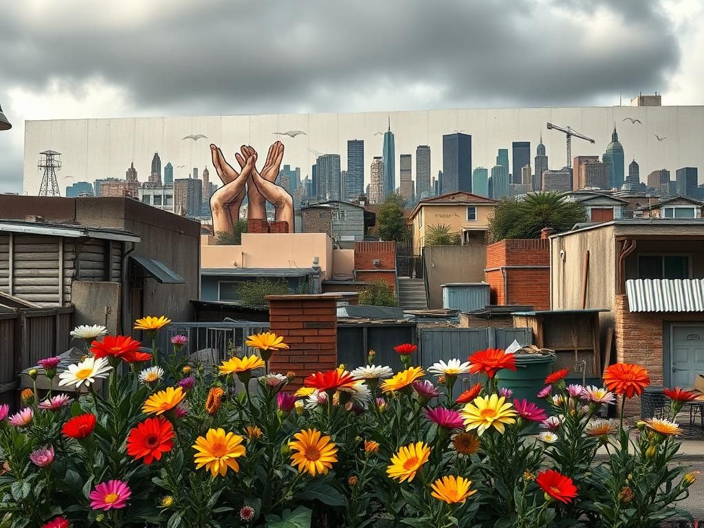 Flick International Vibrant urban landscape in Los Angeles showcasing flowers, tools, and a mural celebrating immigrant contributions