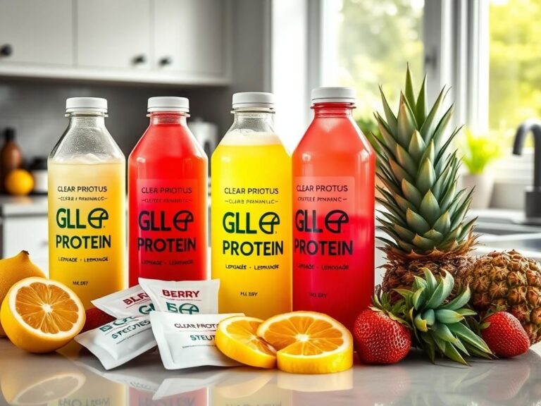 Flick International A vibrant display of clear protein drinks in fruity flavors on a sleek kitchen countertop