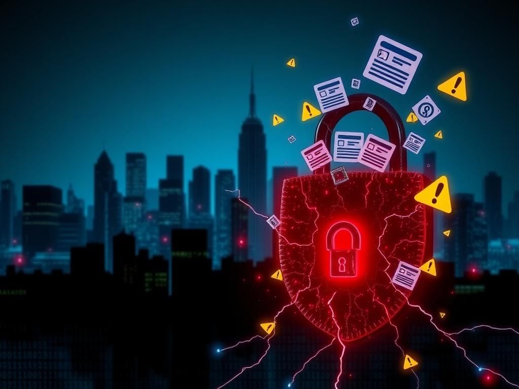 Flick International Digital representation of cyber vulnerability with a city skyline and glowing data streams