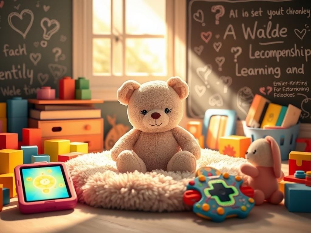 Flick International Soft, plush stuffed animal in a colorful playroom with interactive toys.