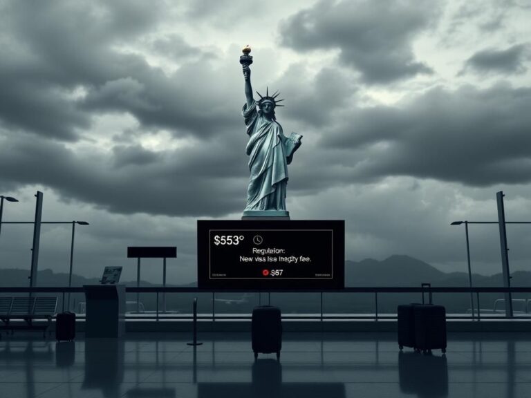 Flick International A stark view of the Statue of Liberty from an airport terminal with unattended luggage and a digital display board about the new visa integrity fee.