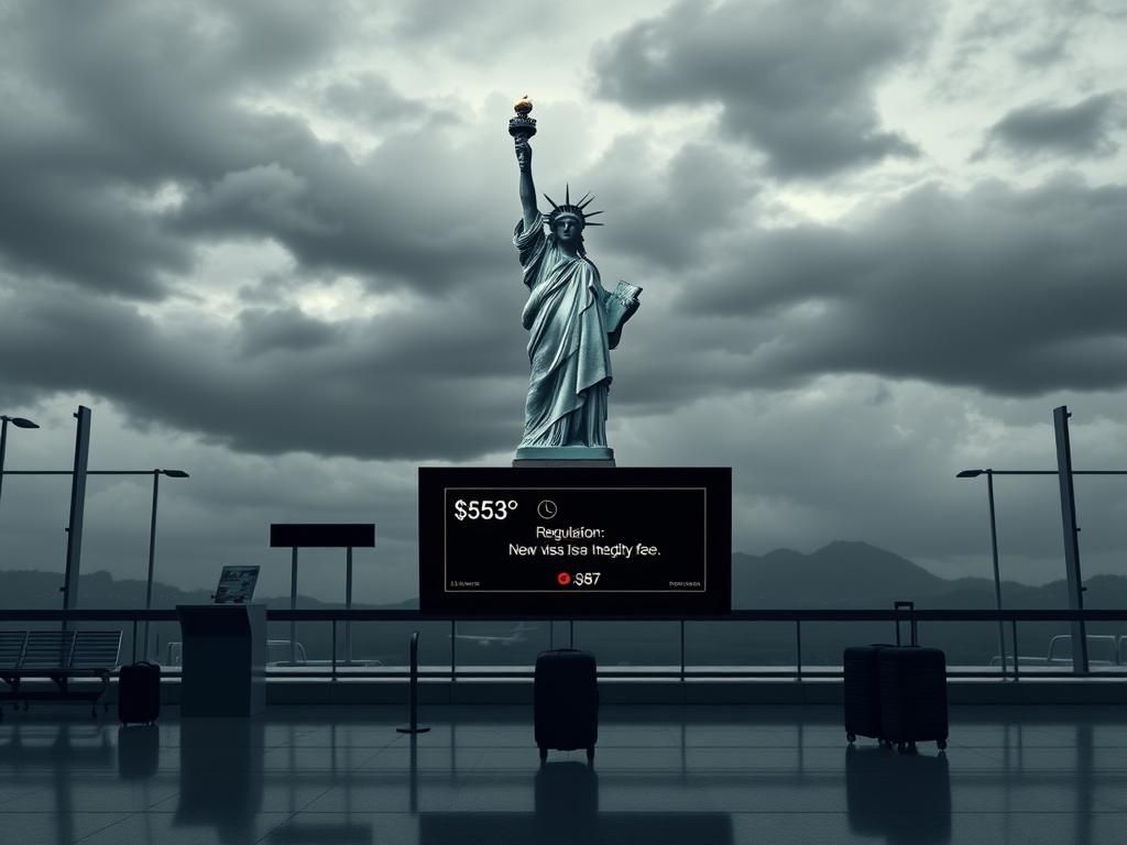 Flick International A stark view of the Statue of Liberty from an airport terminal with unattended luggage and a digital display board about the new visa integrity fee.