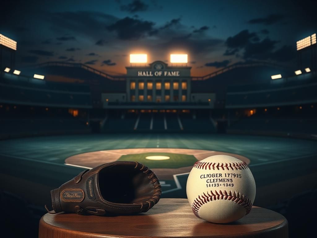 Flick International Dimly lit baseball stadium featuring home plate and pitching mound under stadium lights, with Roger Clemens memorabilia in the foreground