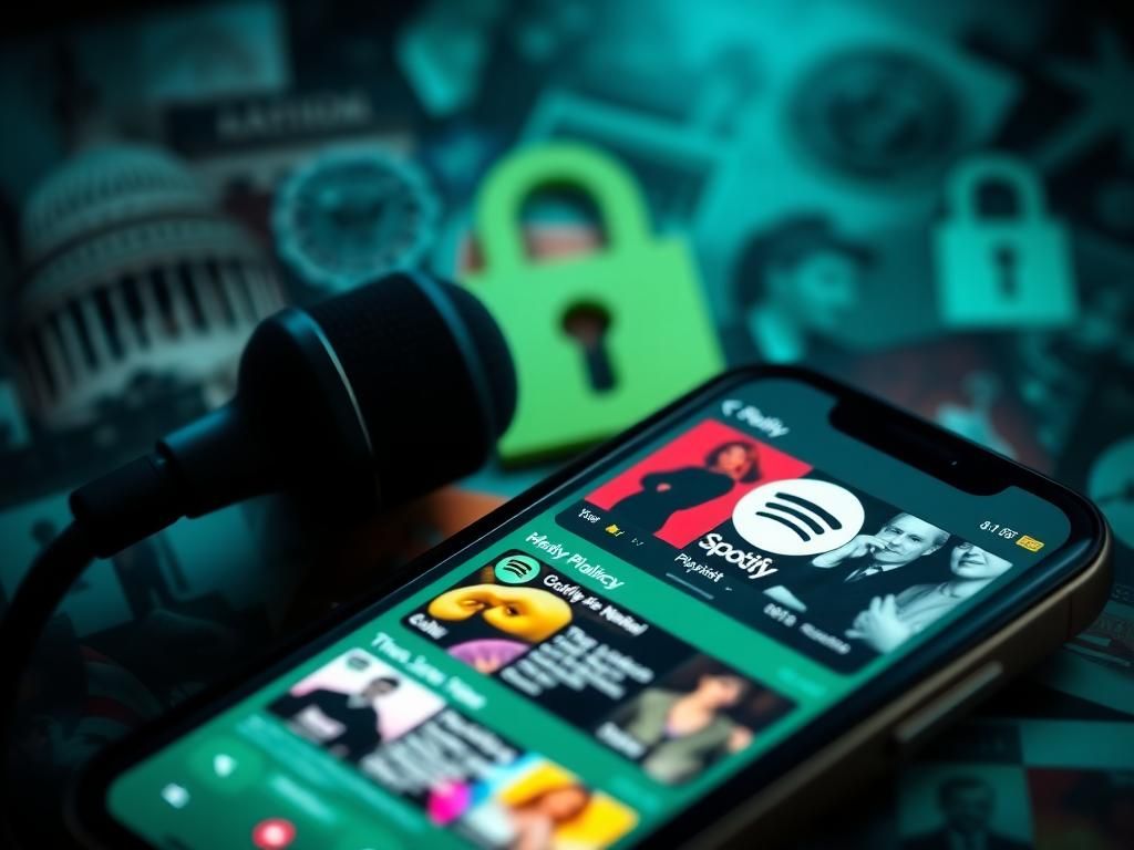 Flick International Close-up of a smartphone screen displaying a Spotify playlist amid a blurred political-themed collage