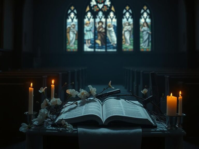 Flick International Dimly lit church interior with empty pews and flickering candles, symbolizing prayer and reflection after tragedy