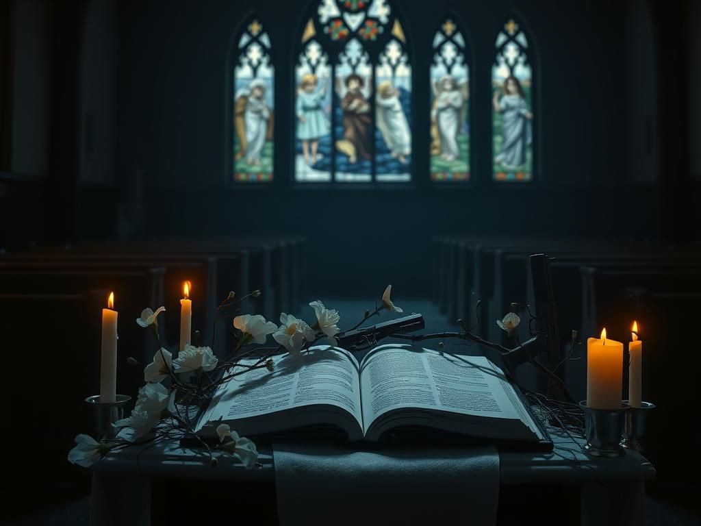 Flick International Dimly lit church interior with empty pews and flickering candles, symbolizing prayer and reflection after tragedy