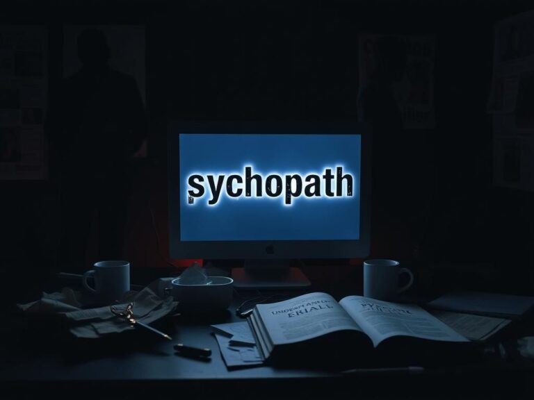 Flick International A dark room with a computer screen displaying the term 'psychopath' amid a cluttered desk and ominous shadows.