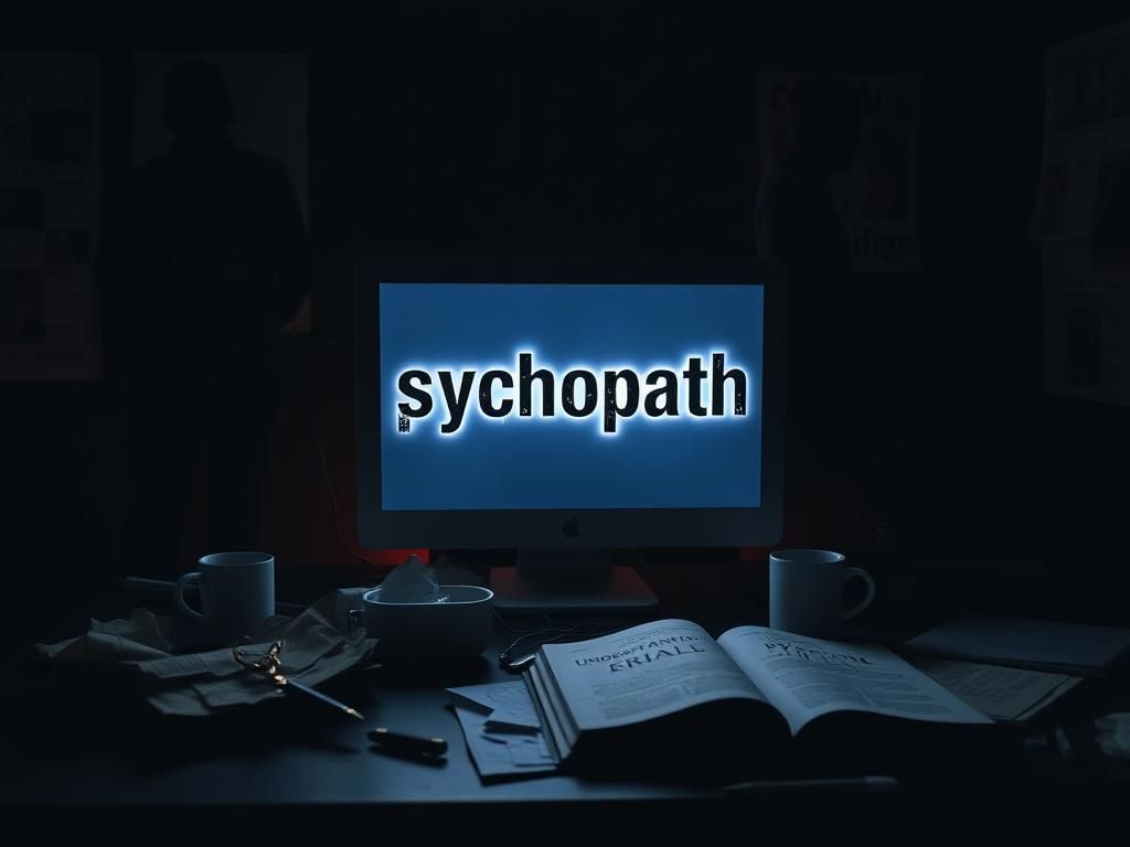 Flick International A dark room with a computer screen displaying the term 'psychopath' amid a cluttered desk and ominous shadows.