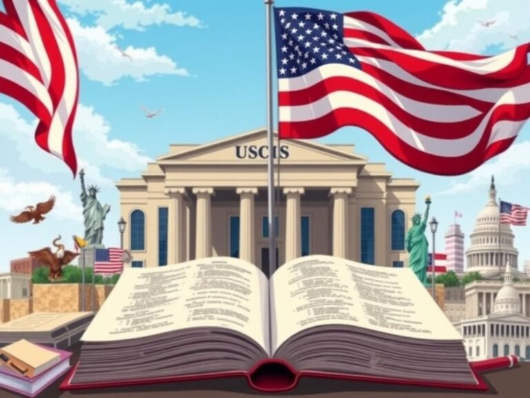 Flick International Conceptual illustration of USCIS building with American flag and symbols of naturalization process