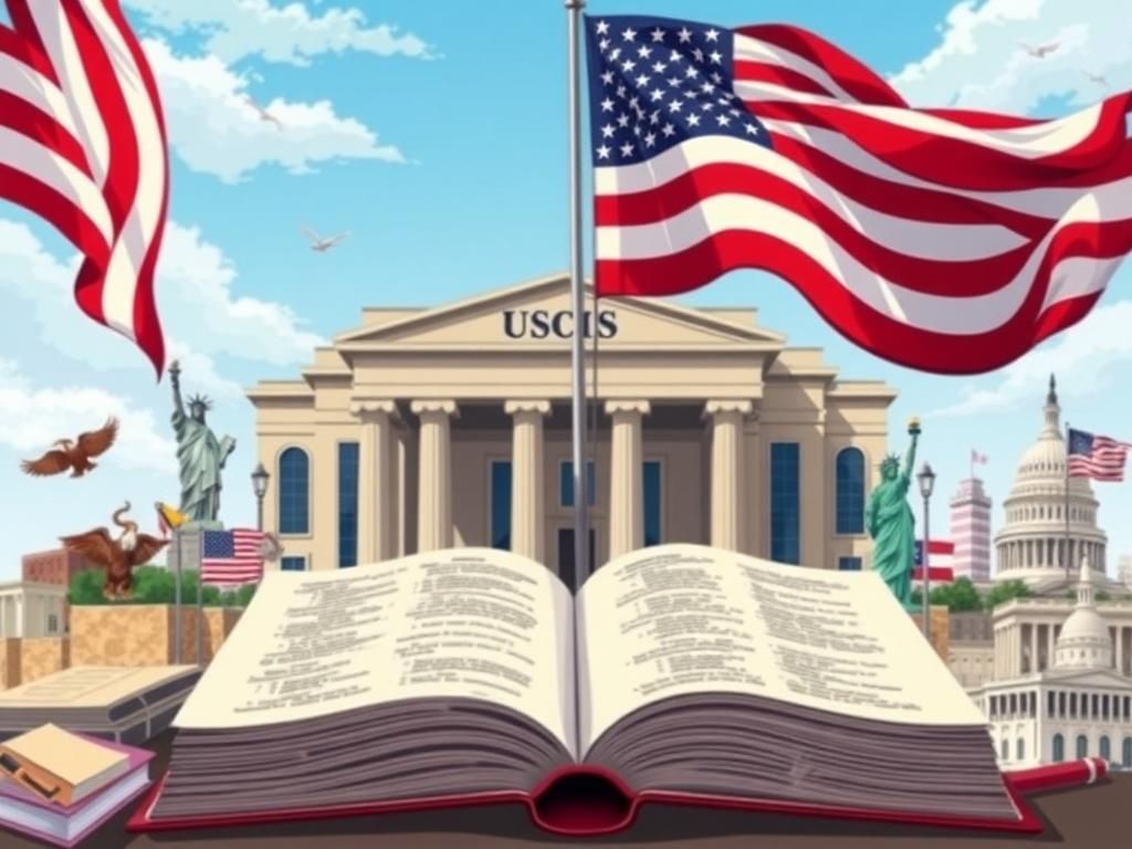 Flick International Conceptual illustration of USCIS building with American flag and symbols of naturalization process