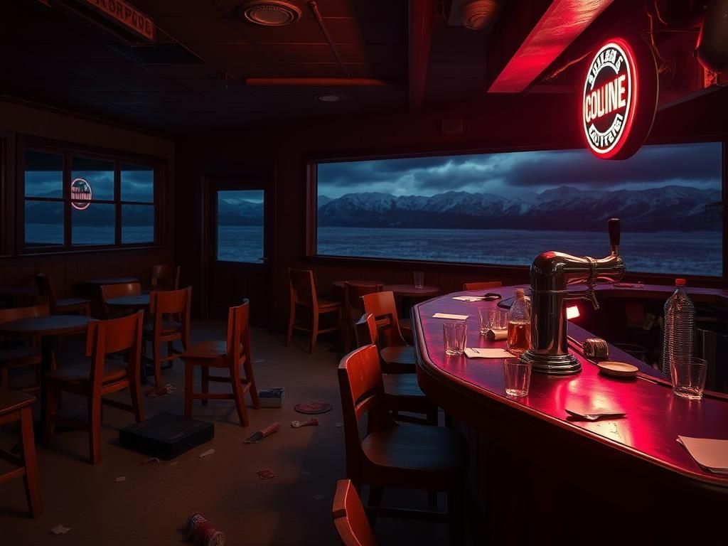 Flick International Dimly lit, rustic bar interior with empty stools and overturned chairs after a shooting incident