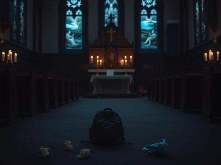 Flick International Interior of a somber church with an empty pew and flickering candles after a tragic shooting