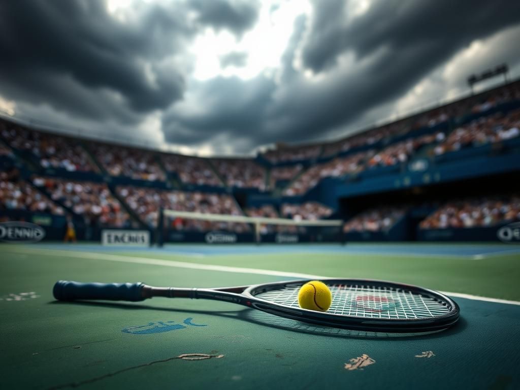 Flick International Close-up of a worn tennis court with an abandoned racket and ball, reflecting emotional intensity during a U.S. Open match