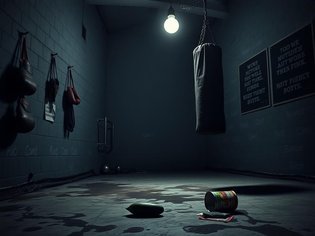 Flick International A dimly lit boxing gym with worn-out equipment, symbolizing Orlando Bloom's intense weight loss journey