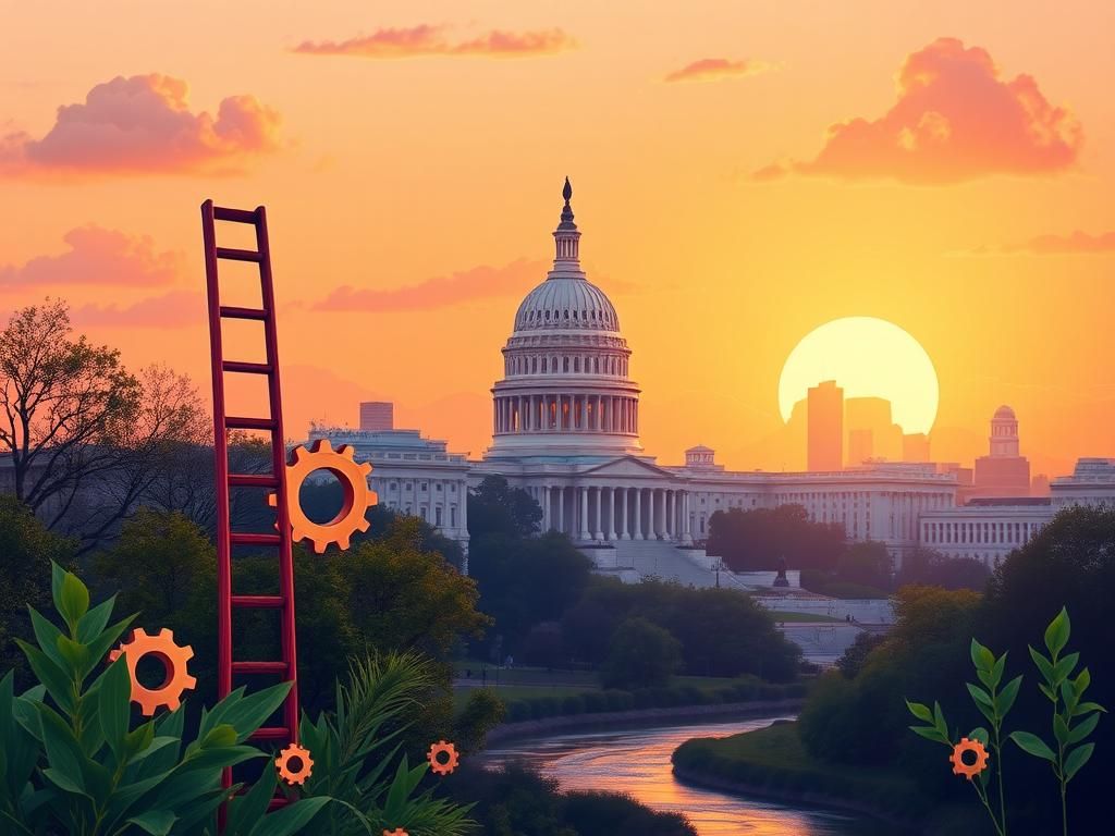 Flick International Serene cityscape of Washington, D.C. at dusk with Capitol Building and symbols of empowerment.