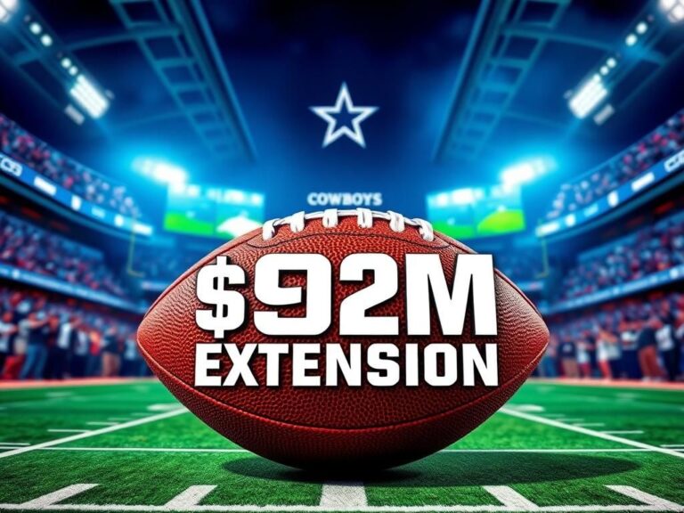 Flick International Dynamic football stadium scene featuring vibrant Dallas Cowboys colors and a prominent football symbolizing DaRon Bland's $92M extension