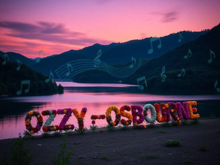 Flick International A vibrant floral tribute to Ozzy Osbourne with colorful blooms arranged by a serene lake at dusk