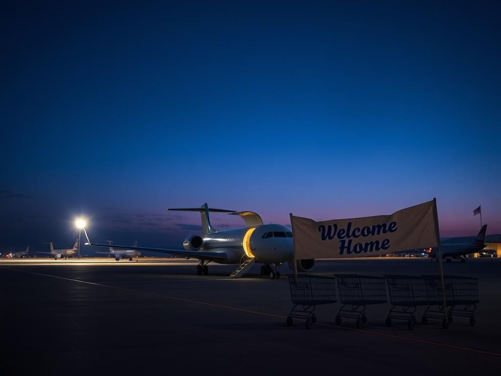 Flick International A deserted airport tarmac at twilight with a grounded charter plane, symbolizing halted repatriation of children.