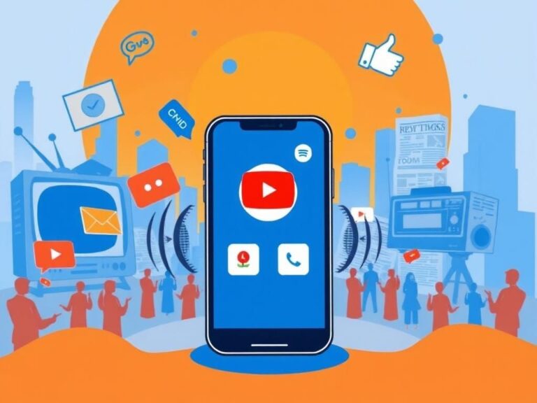 Flick International A digital landscape representing the evolution of media with smartphones and podcast logos.