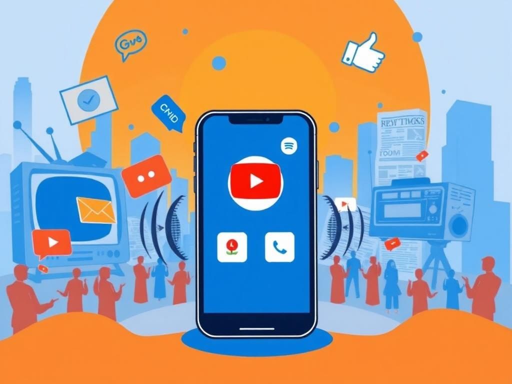 Flick International A digital landscape representing the evolution of media with smartphones and podcast logos.