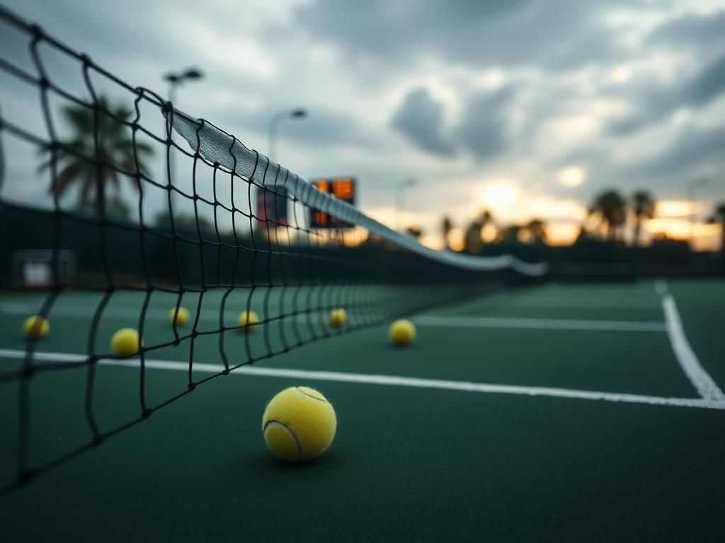 Flick International Close-up of a tense tennis net with scattered tennis balls around, evoking the grunting controversy