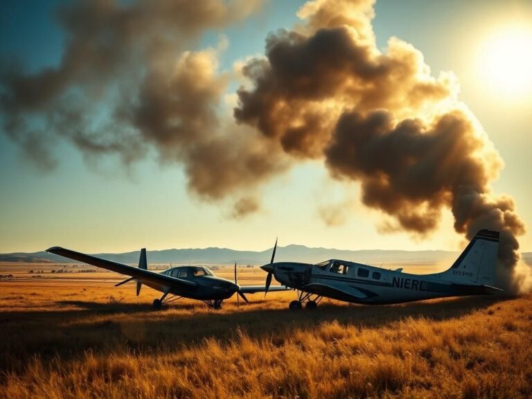 Flick International Aftermath of a midair plane crash with charred aircraft wrecks near Fort Morgan, Colorado