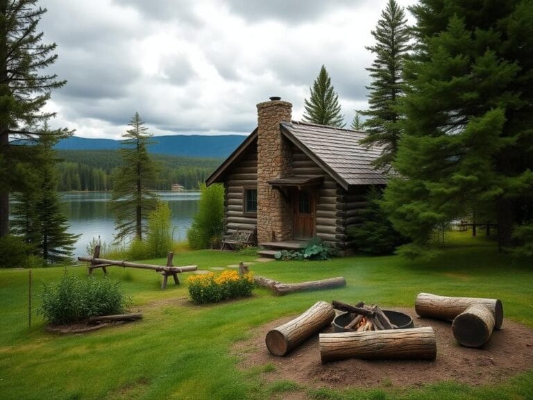 Flick International Rustic doomsday cabin in a serene Minnesota landscape surrounded by pine trees and a tranquil lake