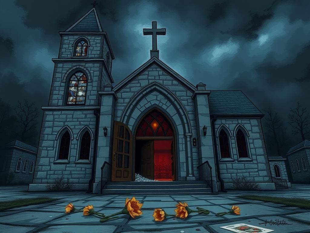 Flick International Exterior of Annunciation Catholic Church with broken stained-glass windows and dark stormy skies.