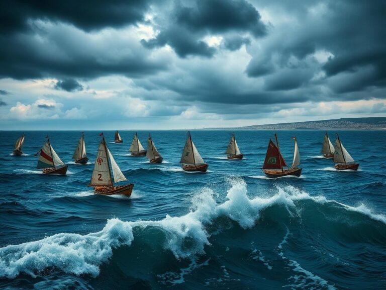 Flick International A flotilla of boats struggling against turbulent seas with dark storm clouds overhead, symbolizing challenges faced in humanitarian efforts.
