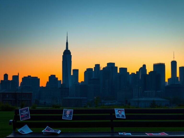 Flick International Silhouette of the New York City skyline at dusk with empty park benches