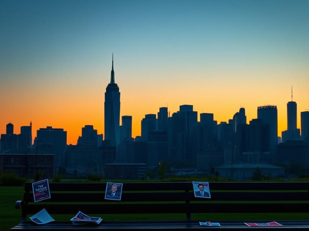 Flick International Silhouette of the New York City skyline at dusk with empty park benches