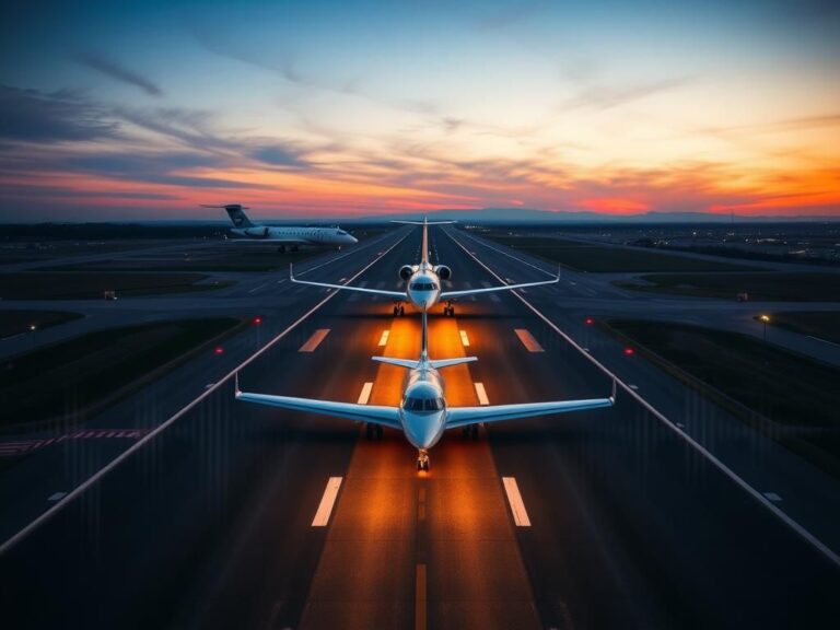 Flick International Aerial view of a busy airport runway at twilight with a landing commercial jet and a parked Gulfstream jet.