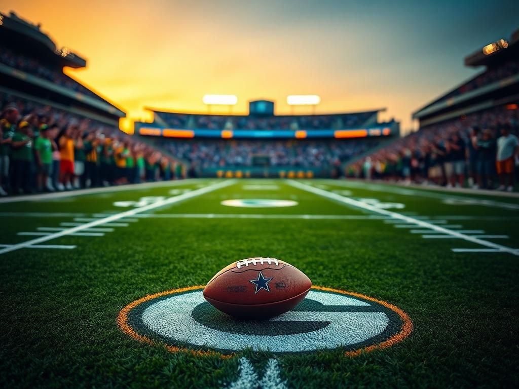 Flick International A dramatic football field scene at dusk, featuring a Cowboys logo and a football symbolizing the Micah Parsons trade