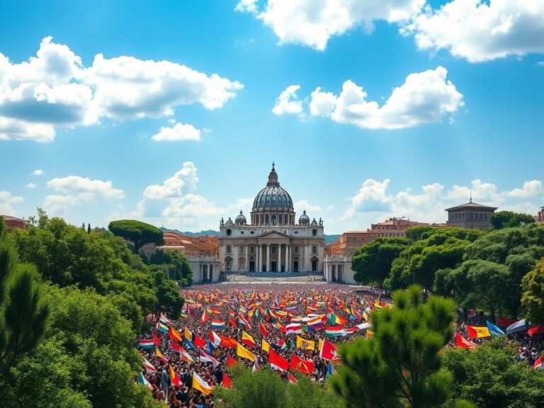 Flick International A vibrant gathering of colorful flags and banners at a faith gathering in Rome with St. Peter's Basilica in the background