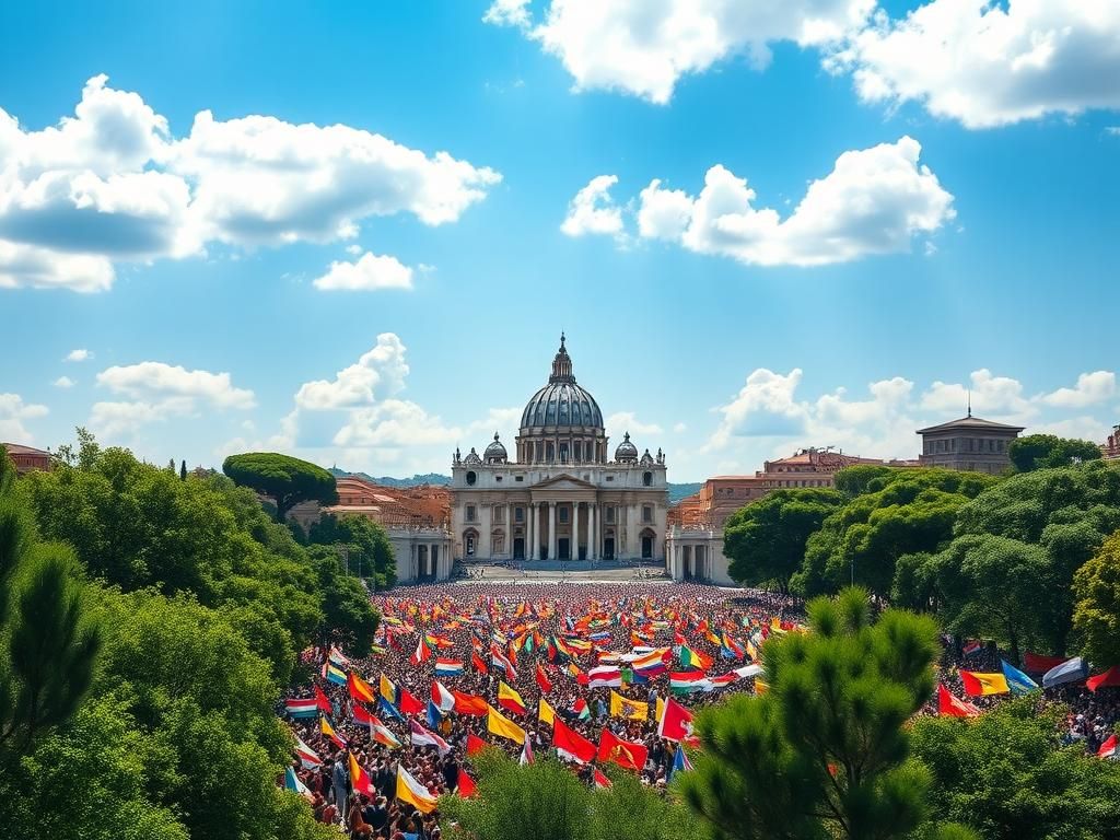 Flick International A vibrant gathering of colorful flags and banners at a faith gathering in Rome with St. Peter's Basilica in the background