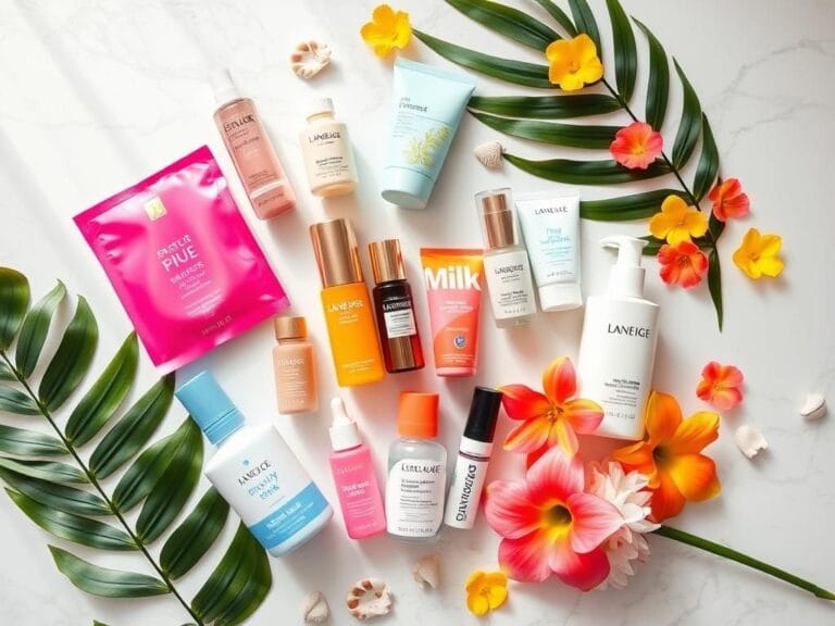 Flick International A vibrant flat lay of summer beauty products on a marble countertop