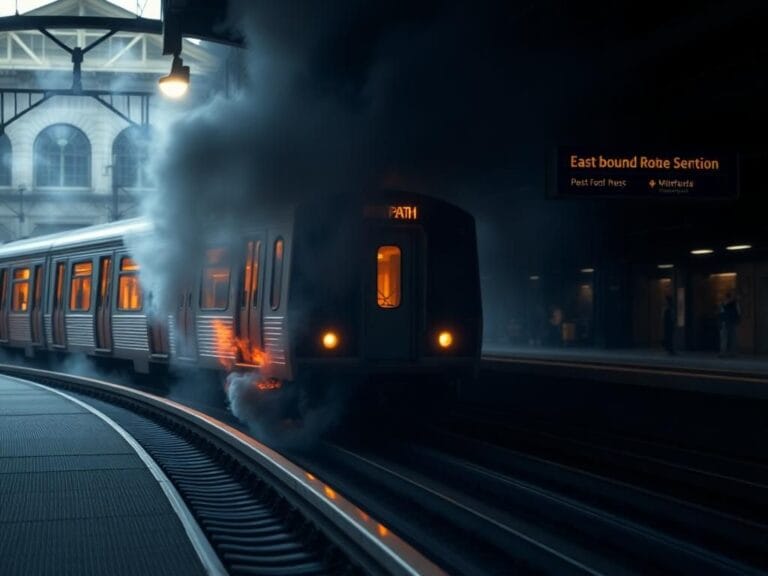 Flick International Smoke rises ominously from beneath an eastbound PATH train at Newport station during a fire emergency.