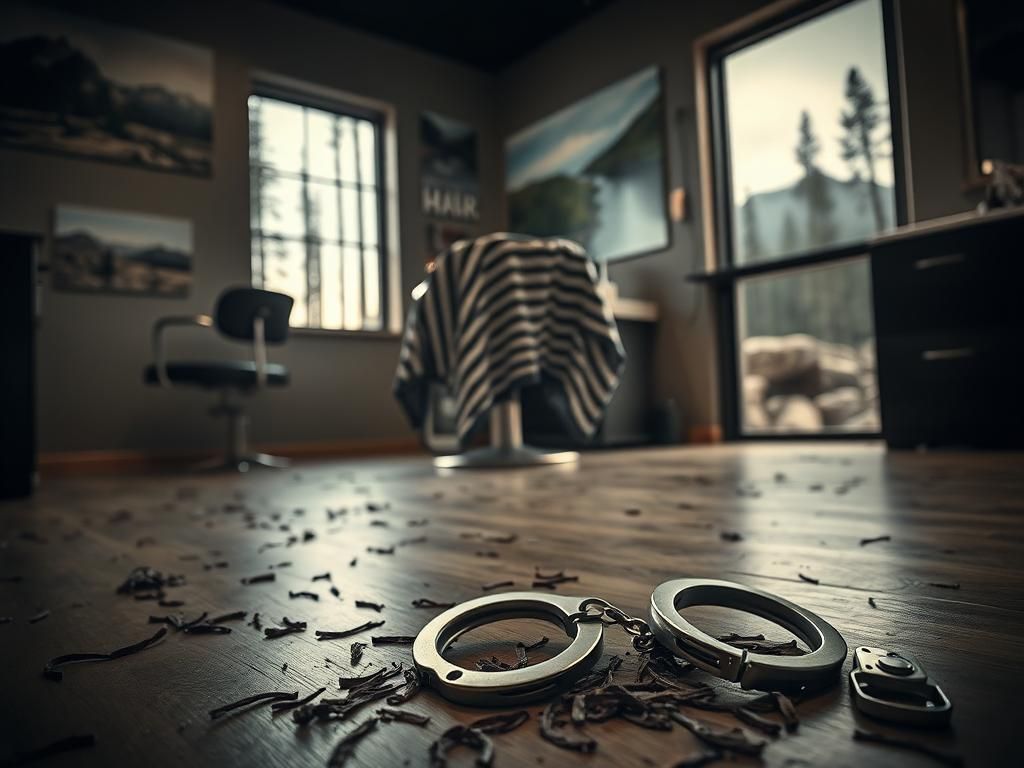 Flick International Interior of a hair salon with discarded handcuffs and empty styling chair during Andrew James McGann's arrest